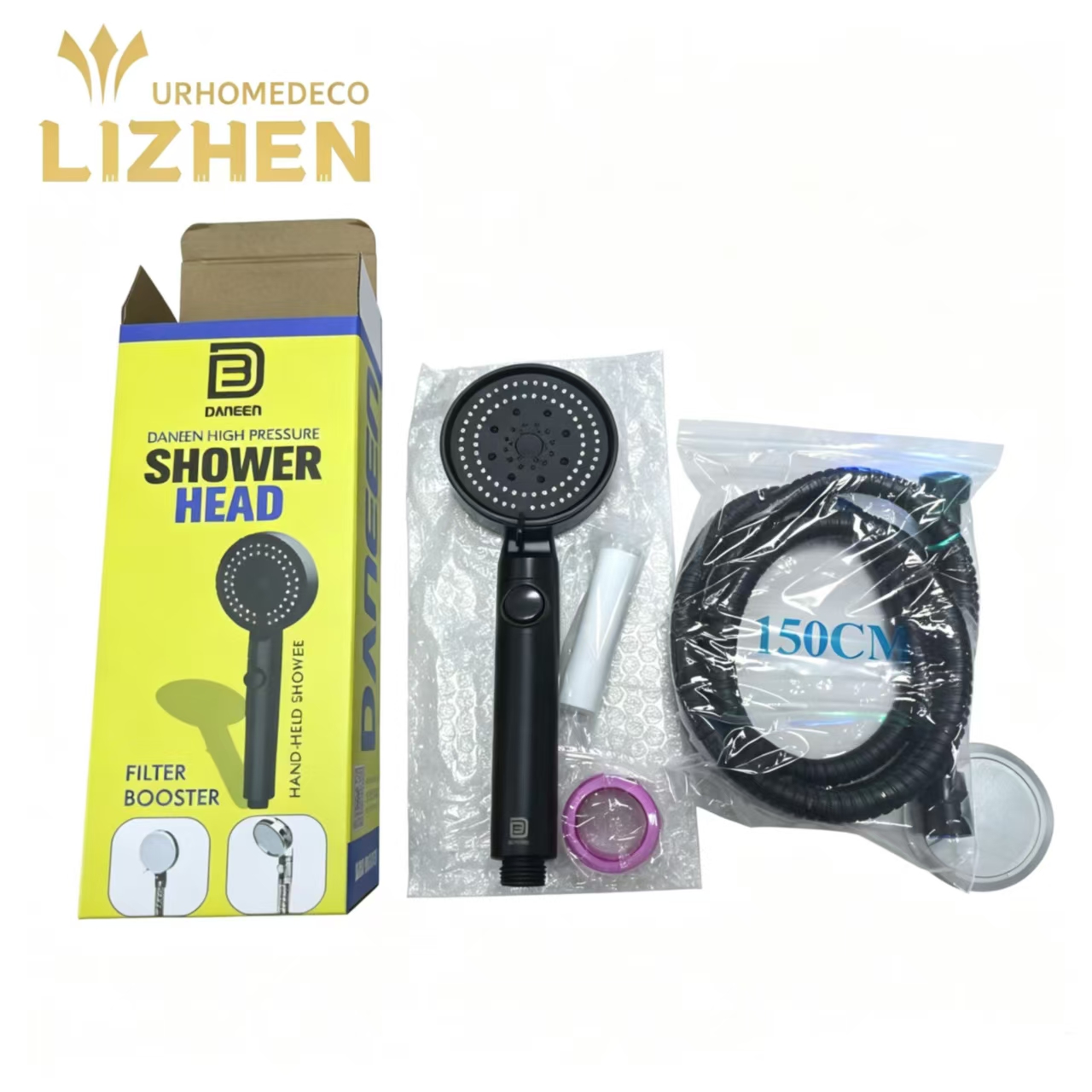 LZ-SD-ABS 009BK BOM 5-Function Shower Head with 2 Filters, 1.5M SS Hose, Teflon Tape