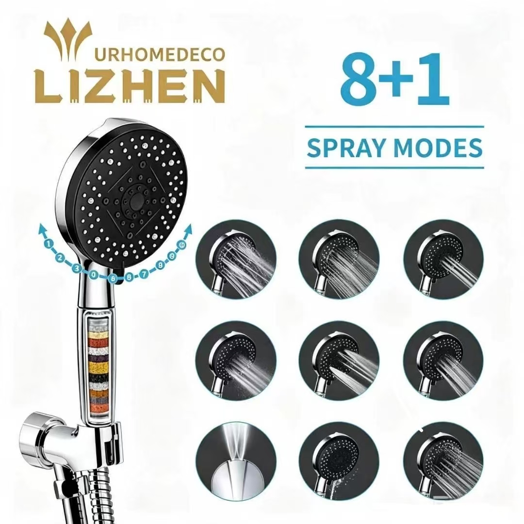 LZ14897 9-Function Handheld Shower Head – ABS, 8 Spray Modes + Power Wash, High Pressure